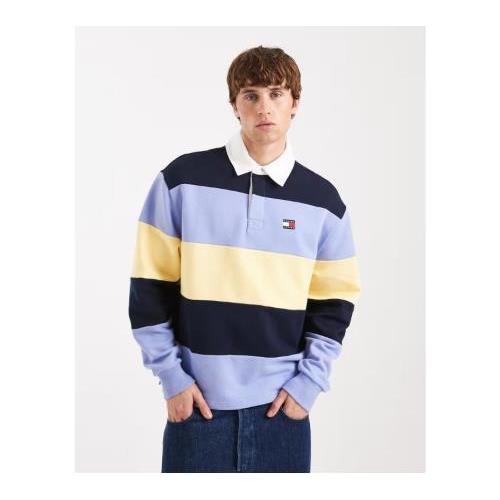 Tommy Jeans relaxed striped flag logo rugby sweater in navy / lilac / yellow 151338418